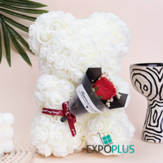 J003 TEDDY BEAR WHITE WITH GIFT BOX AND FLOWERS 25 CM