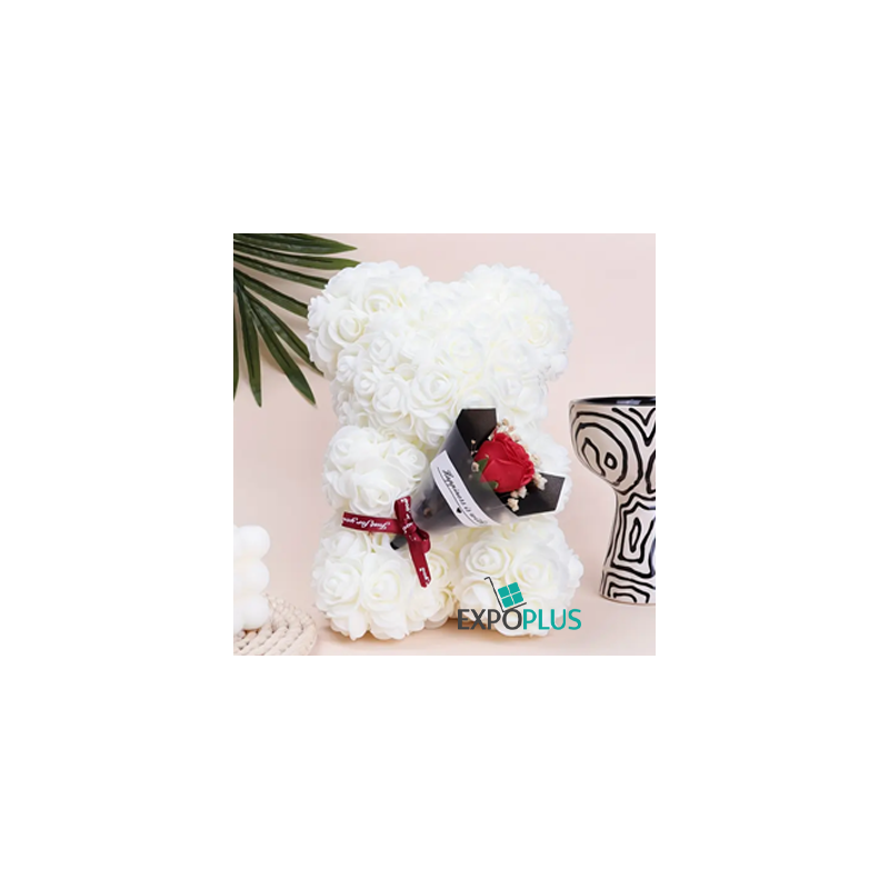 J003 TEDDY BEAR WHITE WITH GIFT BOX AND FLOWERS 25 CM