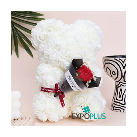 J003 TEDDY BEAR WHITE WITH GIFT BOX AND FLOWERS 25 CM